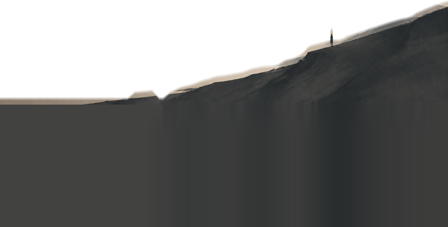 A lone figure on a ridge above the sea, watching the sun set behind a snow peak