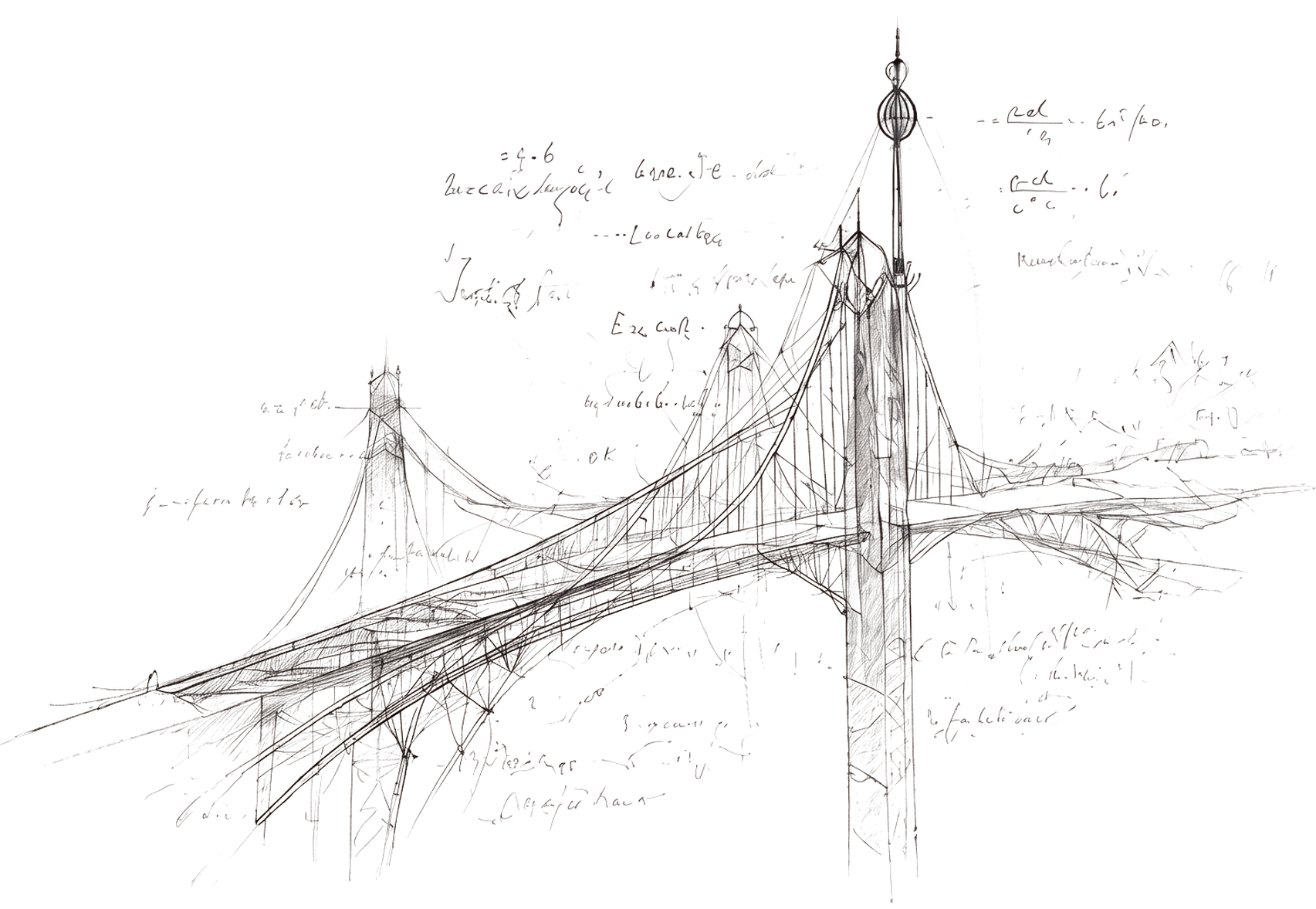 A draughtsman's study of a suspension bridge