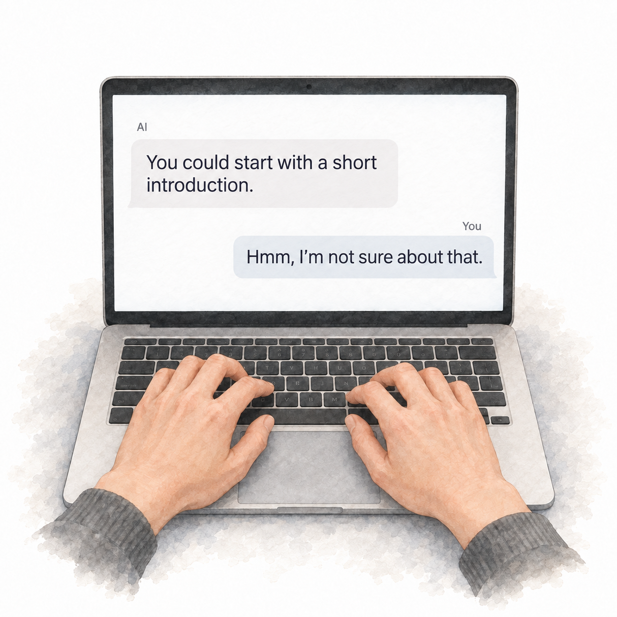 Watercolour illustration of a typed exchange: AI suggests, You could start with a short introduction. The person replies, Hmm, I'm not sure about that.