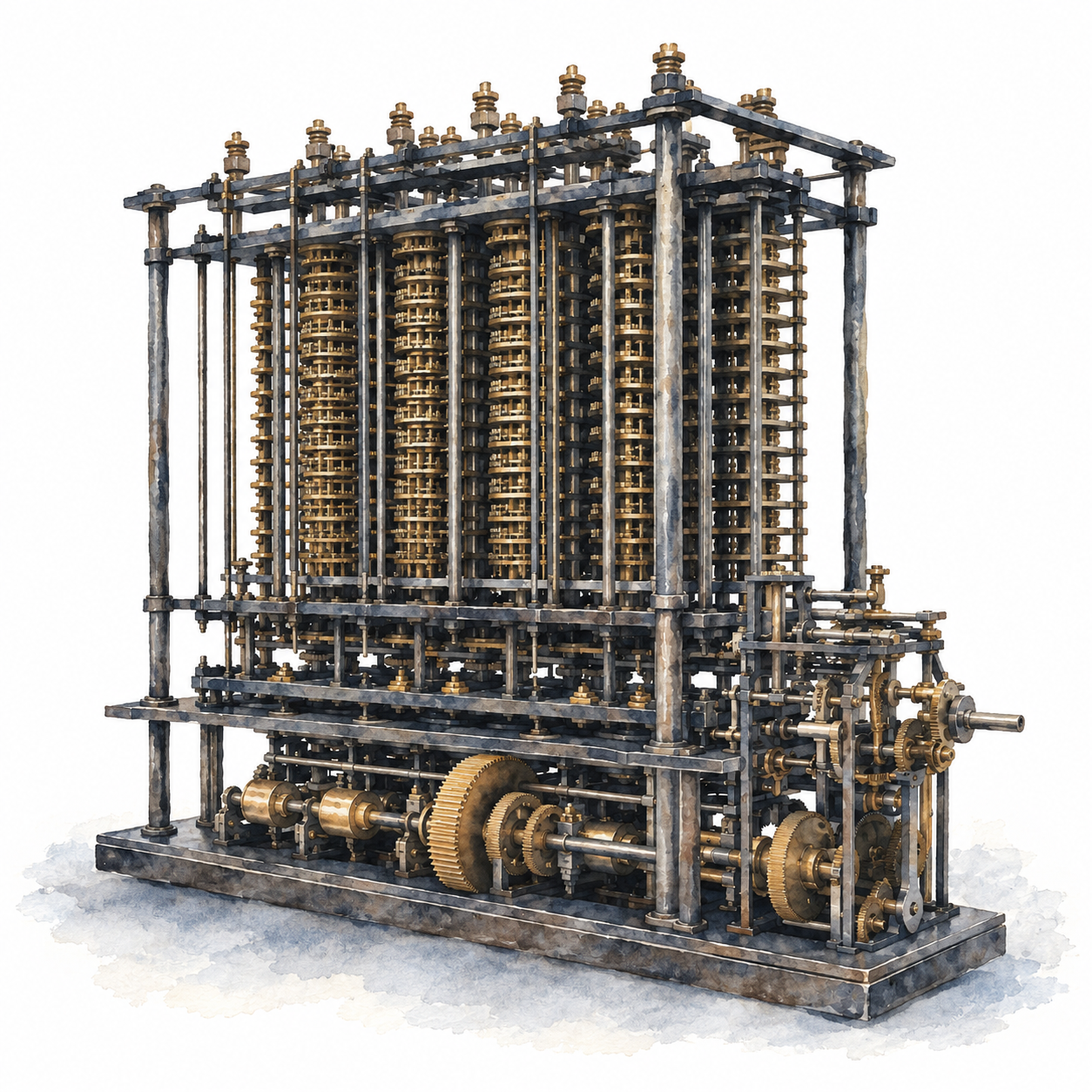 Watercolour-style illustration of Babbage’s Analytical Engine, with dark iron columns and brass gears fading into a soft painted ground on white.
