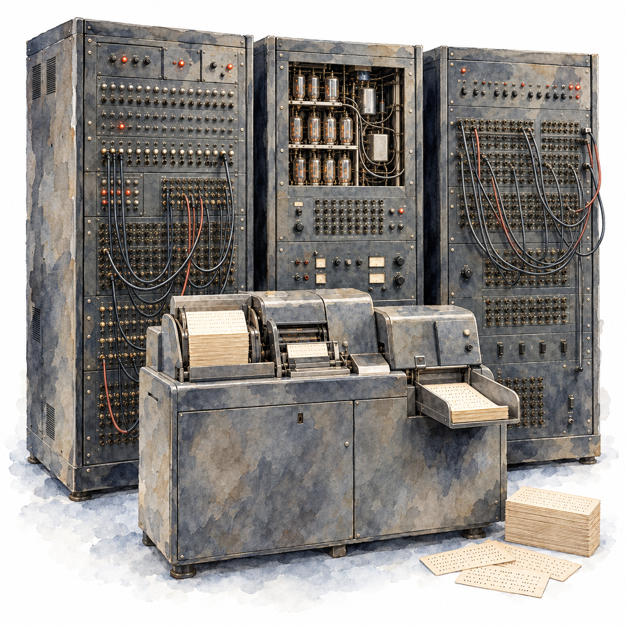 Watercolour-style illustration of ENIAC-inspired electronic cabinets, vacuum tubes and patch cables, with a punched-card reader and cream cards in the foreground.