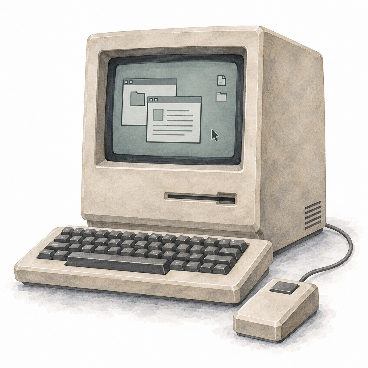 Watercolour illustration of a Macintosh-inspired computer with windows and icons on its screen, a keyboard and a wired mouse.