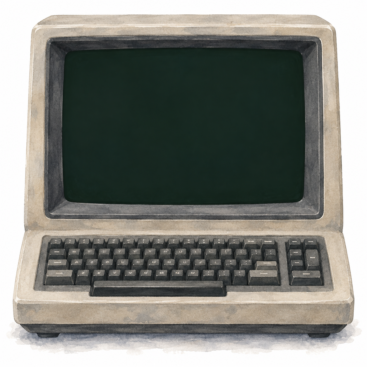 Watercolour illustration of a vintage CRT terminal and keyboard.