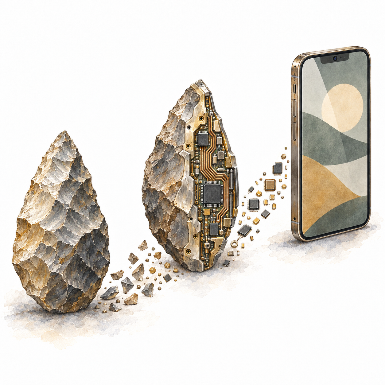 Detailed watercolour illustration of a chipped stone hand tool transforming through exposed circuitry into a modern smartphone.