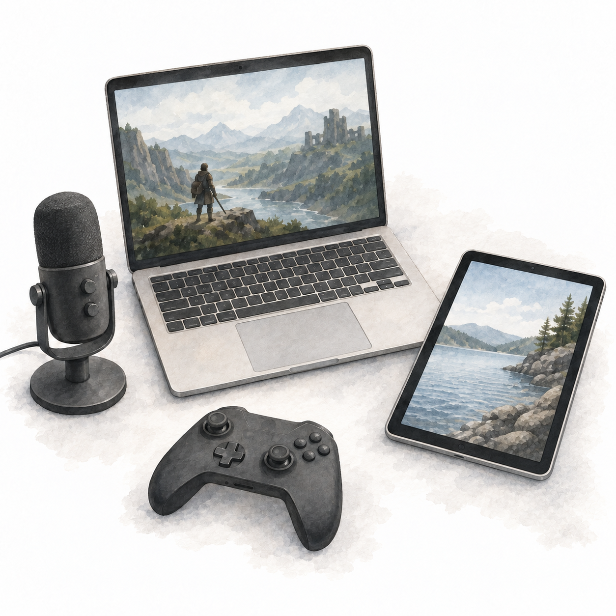 Watercolour illustration of a laptop, a tablet landscape with two touch points demonstrating pinch to zoom, a microphone and a game controller.