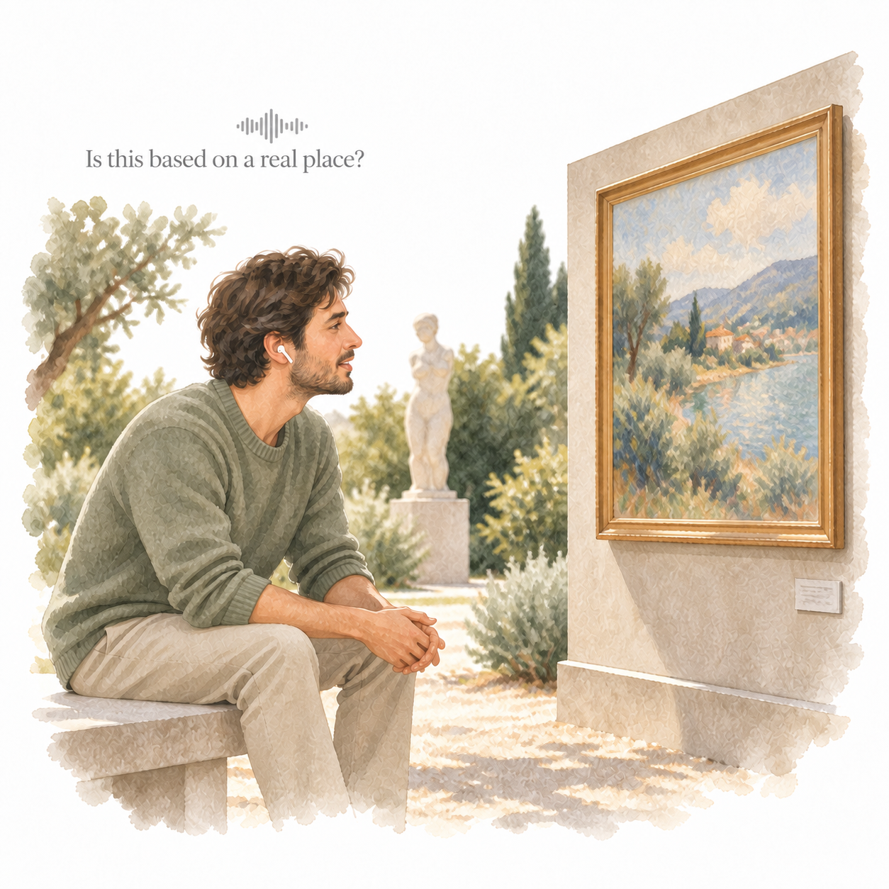 Watercolour illustration of a person wearing wireless earbuds at an outdoor art exhibition, asking a voice assistant: Is this based on a real place? No screen is in use.